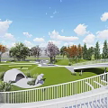 Scenic Park Landscape With Circular Pathways Lush Lawns Trees And Central Sculpture