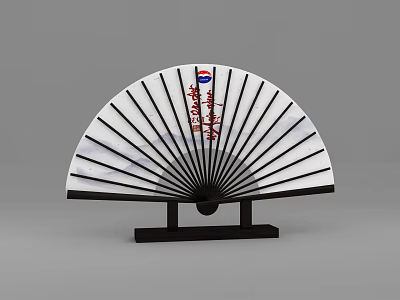Interactive Area Showcasing Traditional Fan With Red Characters And Black Stand 3d model