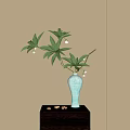 Light Blue Ceramic Vase With Green Plants On Small Wooden Table And Striped Light Shadows