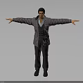 Man Standing with Outstretched Arms Wearing Gray Coat Black Vest Blue Shirt in Gray Background
