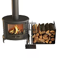 Burning Fireplace With Glass Door Chimney Metal Structure And Stacked Firewood 3d model