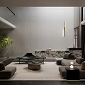 Modern Dining and Living Room Interior With Large Sofa Coffee Table And TV Wall