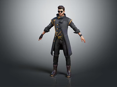 Cool Male Character In Dark Long Coat With Sunglasses Golden Accents Black Pants And Boots 3d model