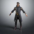 Cool Male Character In Dark Long Coat With Sunglasses Golden Accents Black Pants And Boots