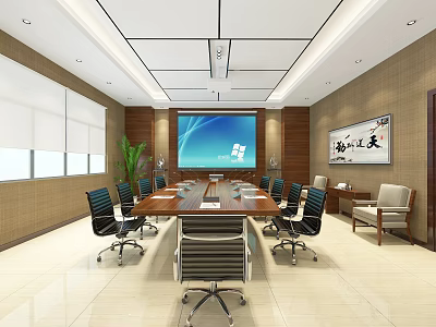 Modern Conference Room With Long Table Black Office Chairs Large Screen And Calligraphy Artwork 3d model