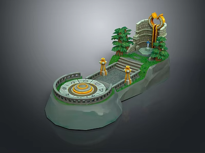 Cartoon Scene With Circular Spiral Platform Steps Golden Statues Pine Trees On Rock Base Tower 3d model