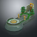 Cartoon Scene With Circular Spiral Platform Steps Golden Statues Pine Trees On Rock Base Tower