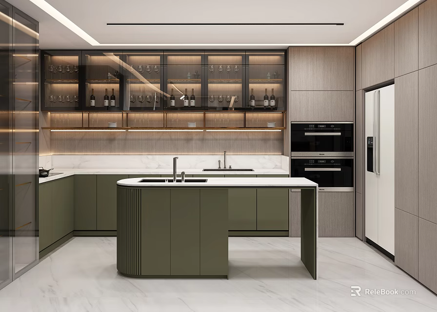 Modern Kitchen Interior Design With Green Island Counter Wooden Cabinets And Appliances 3d model 