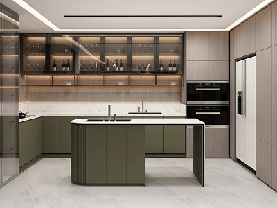 Modern Kitchen Interior Design With Green Island Counter Wooden Cabinets And Appliances 3d model