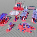 Red And Blue Stage Structure With Audience Seats And Multiple Areas Setup 3d model