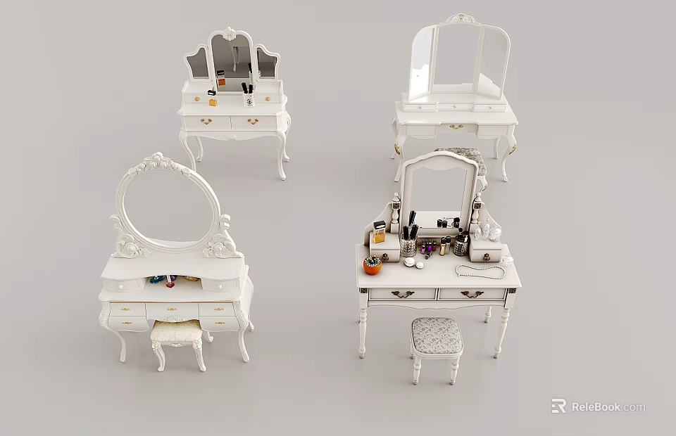White Vintage Vanity Tables With Mirrors Matching Stools And Decorative Items 3d model
