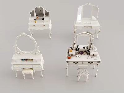 White Vintage Vanity Tables With Mirrors Matching Stools And Decorative Items 3d model