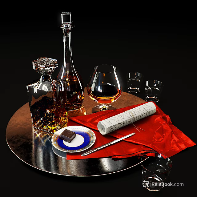 Elegant Liquor Bottle and Glass on Round Tray with Red Napkin Chocolate and Scroll 3d model 