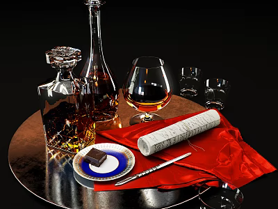 Elegant Liquor Bottle and Glass on Round Tray with Red Napkin Chocolate and Scroll 3d model