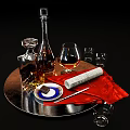 Elegant Liquor Bottle and Glass on Round Tray with Red Napkin Chocolate and Scroll