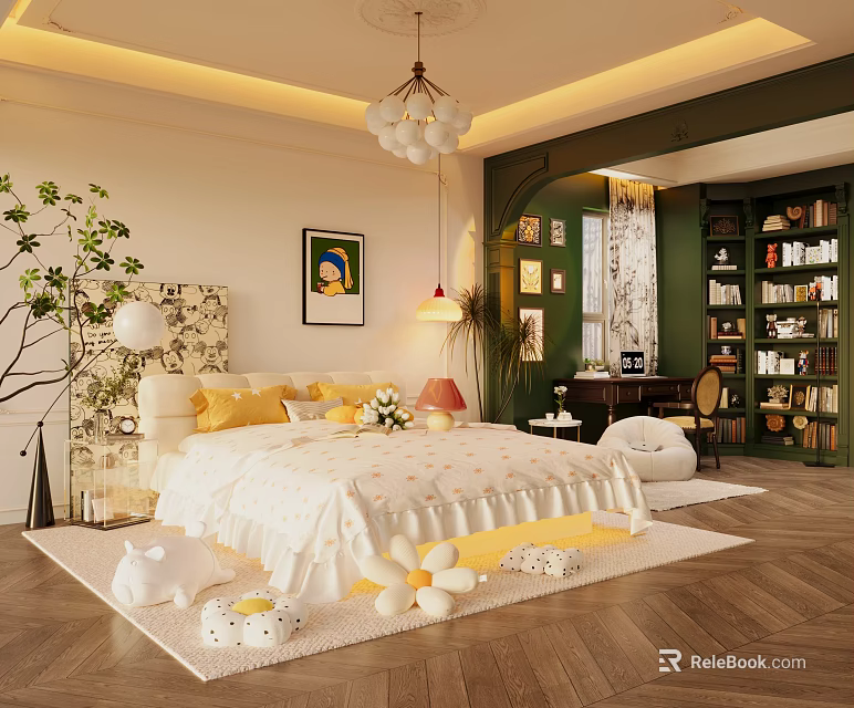Cozy Bedroom Interior Featuring White Bedspread Yellow Pillows Hanging Chandelier Green Plant And Framed Painting 3d model 