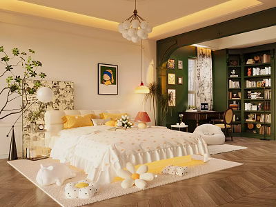 Cozy Bedroom Interior Featuring White Bedspread Yellow Pillows Hanging Chandelier Green Plant And Framed Painting 3d model