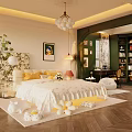 Cozy Bedroom Interior Featuring White Bedspread Yellow Pillows Hanging Chandelier Green Plant And Framed Painting