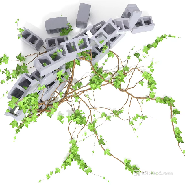 Green Leafy Vines Growing On Gray Concrete Blocks With Brown Branches 3d model 