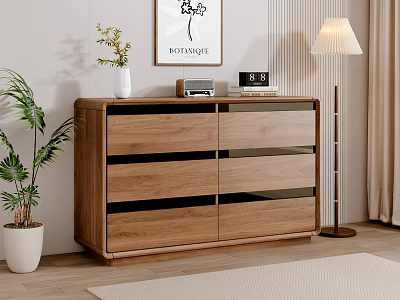 Modern Wooden Chest of Drawers Interior With Potted Plant Floor Lamp And Wall Art 3d model