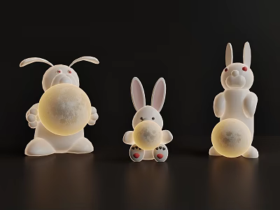 Three Cute Rabbit Dolls With Glowing Balls On Dark Background 3d model
