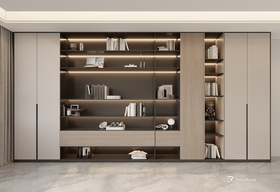 Modern Wooden Built in Bookcase With Multi tiered Shelves And Decor Items 3d model 