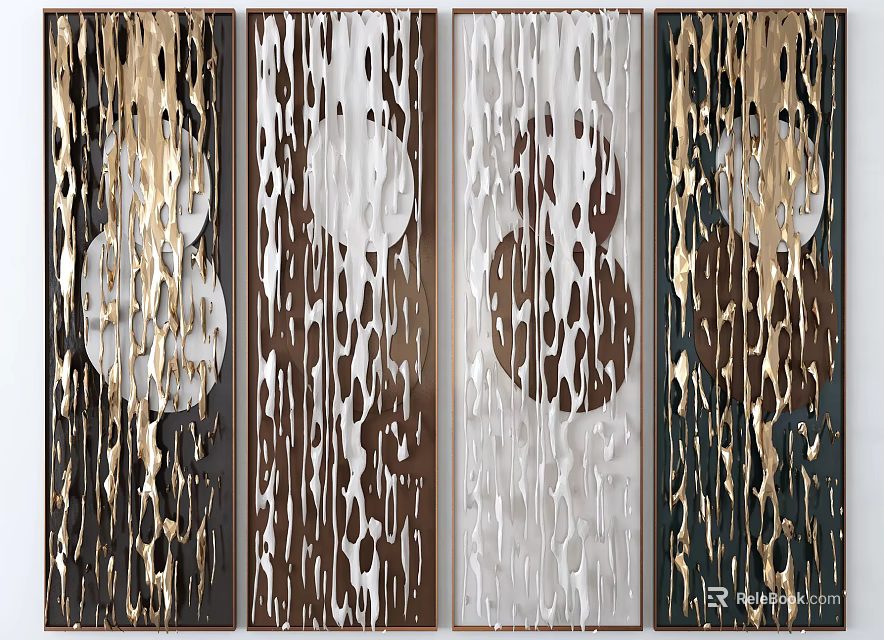 Modern Vertical Decorative Wall Art Panels With Gold Brown Textured Patterns And Circular Shapes 3d model 