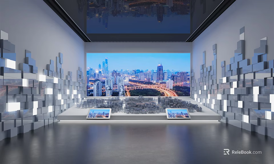 Modern Exhibition Hall Interior With Large Screen Cityscape Display Block Walls And Display Tables 3d model 
