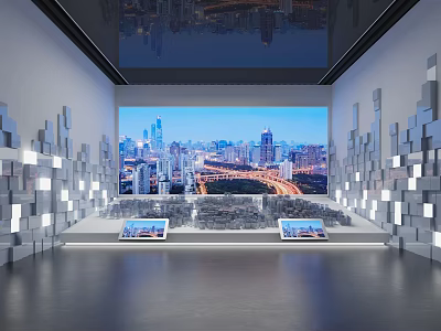 Modern Exhibition Hall Interior With Large Screen Cityscape Display Block Walls And Display Tables 3d model