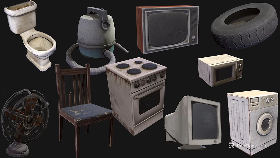Vintage Television Set Among Retro Household Appliances And Old Furniture Items 3d model 