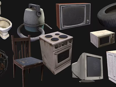 Vintage Television Set Among Retro Household Appliances And Old Furniture Items 3d model