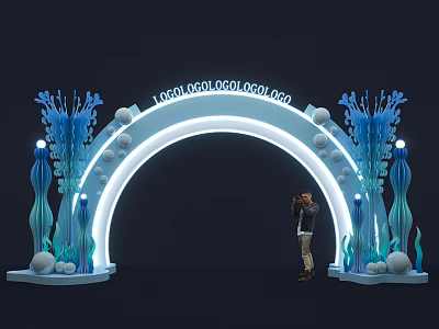 Blue Decorative Archway With Repeated Logos Illuminated Marine Decor And Person Standing Nearby 3d model