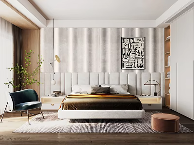 Modern Bedroom With Upholstered Headboard Striped Wall Black White Artwork Green Armchair And Wooden Floor 3d model