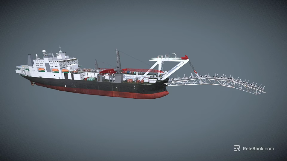 White And Black Hull Crane Ship With Red Long Boom Structure And Deck Equipment 3d model 