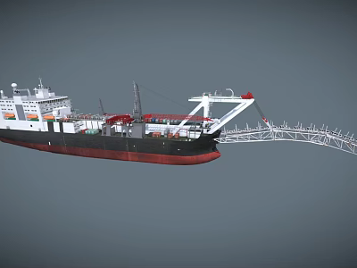 White And Black Hull Crane Ship With Red Long Boom Structure And Deck Equipment 3d model