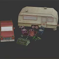 Outdoor Table Setup With Camper Trailer Red Truck Chairs Firewood And Red Bucket