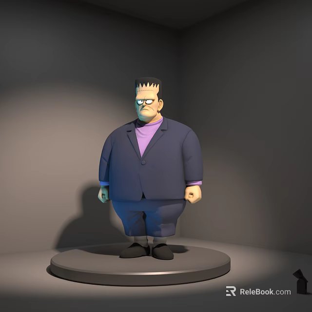 Frankenstein Inspired 3D Character Model Wearing Blue Suit And Purple Shirt Standing On Round Platform 3d model 