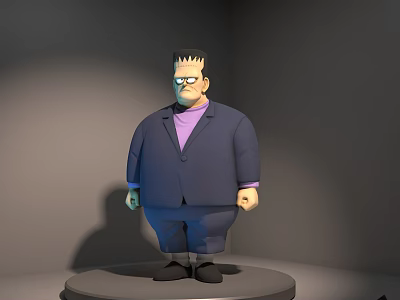 Frankenstein Inspired 3D Character Model Wearing Blue Suit And Purple Shirt Standing On Round Platform 3d model