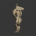 Futuristic Game And Movie Mechanical Character With White Gold Armor Headgear And Weapon
