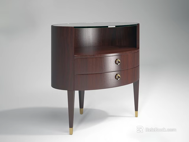 Elegant Dark Brown Bedside Table With Two Drawers Gold Handles And Slim Legs 3d model 