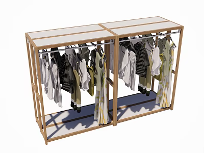 Double Unit Clothing Display Rack With Hanging Garments And Wooden Frame 3d model