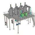 Industrial Equipment With Multiple Stainless Steel Tanks Green Pipelines Platform Structure And Staircase Access