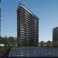 Modern High Rise Residential Building With Swimming Pool Cherry Blossom Trees And Blue Sky