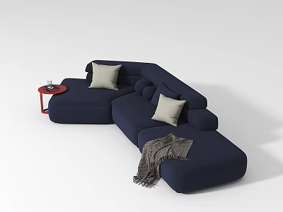 Unconventional Shaped Navy Blue Fabric Sofa With Beige Pillows Gray Blanket And Red Side Table 3d model