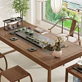 Chinese Zen Tea Table and Chairs with Tea Set Hanging Lamps and Mountain View Window
