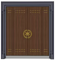 Dark Wooden Front Gate With Golden Circular Emblem Rivets And Black Frame