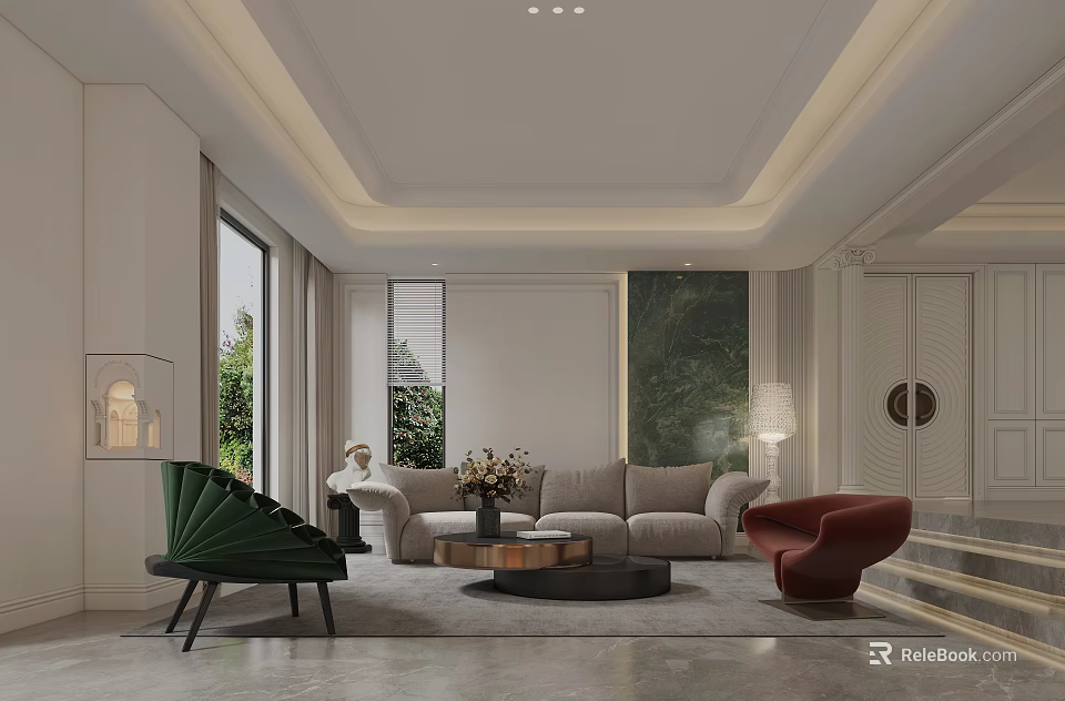 Bright Modern Luxury Living Room With Cozy Sofa Unique Chairs And Elegant Home Decor 3d model 