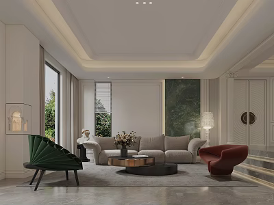 Bright Modern Luxury Living Room With Cozy Sofa Unique Chairs And Elegant Home Decor 3d model