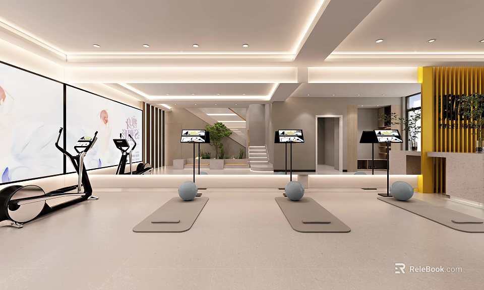 Modern Spacious Bright Fitness Gym With Treadmills Yoga Mats Exercise Balls And Screens 3d model 