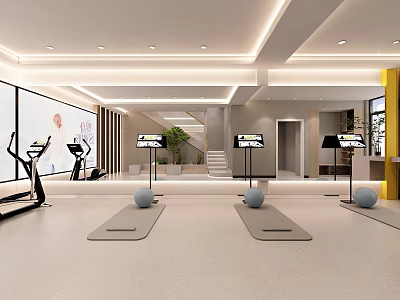Modern Spacious Bright Fitness Gym With Treadmills Yoga Mats Exercise Balls And Screens 3d model